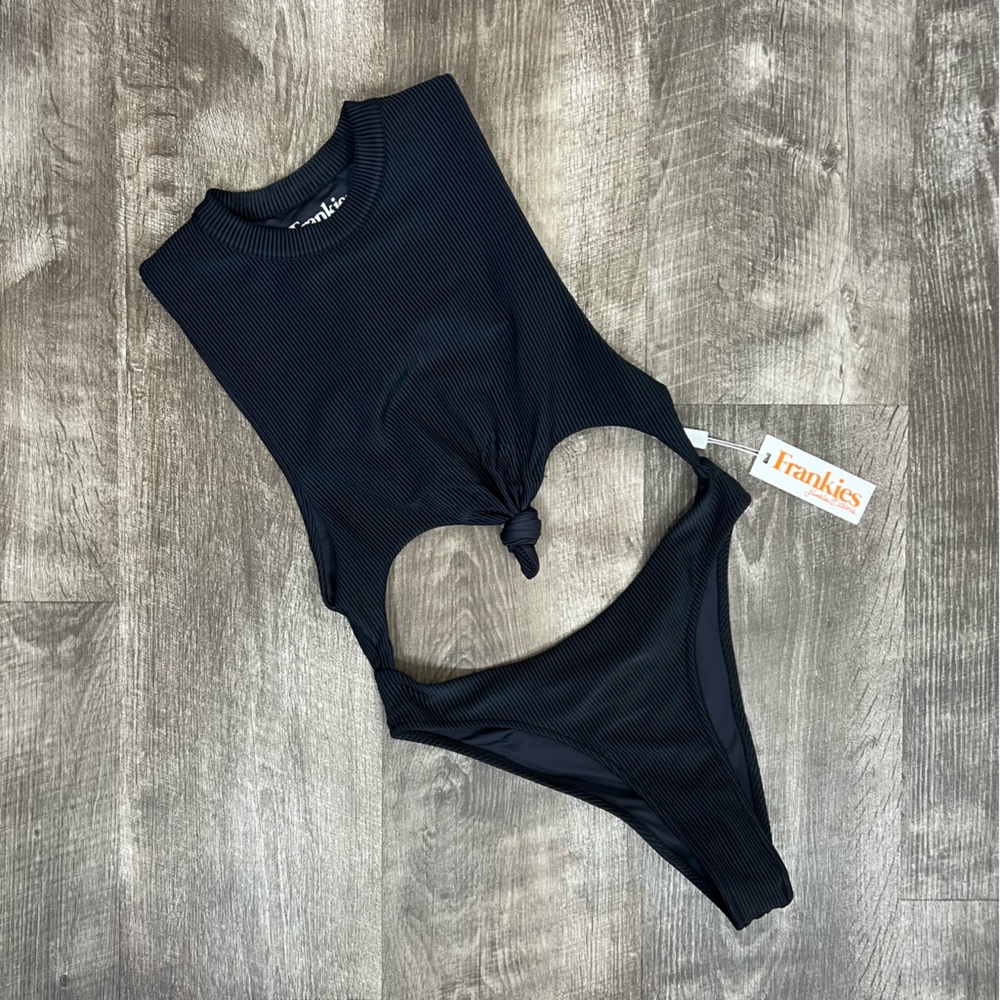 Frankie's Bikinis Black Ribbed Cutout One-Piece